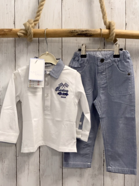 Chicco neu 2tlg Langarmshirt + Hose Gr. 74  weiß blau melierter Kragen + Hose NP 57,90 €