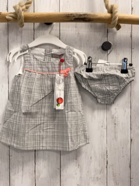 Boboli neu 2tlg Kleid + Höschen Gr. 74  grau weiß kariert aprikot Schleife  