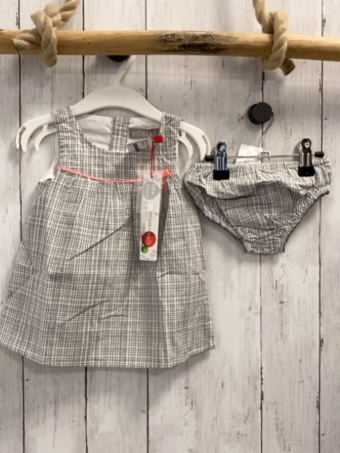 Boboli neu 2tlg Kleid + Höschen Gr. 68  grau weiß kariert aprikot Schleife  