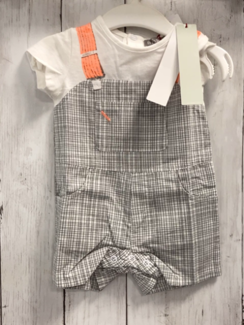 Boboli neu Playsuit Gr. 68  weiß + weiß grau kariert Latzoptik aprikot Hosenträger