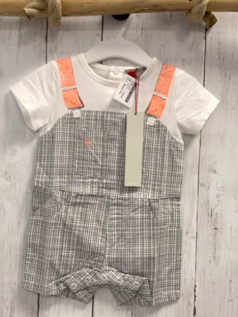 Boboli neu Playsuit Gr. 74  weiß + weiß grau kariert Latzoptik aprikot Hosenträger