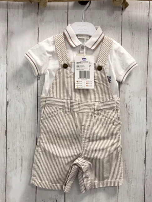 chicco neu 2tlg T-Shirt + Latzshorts Gr. 74  weiß Kragen mit brauen Streifen + weiß hellbraun gestreift NP 57,90 €