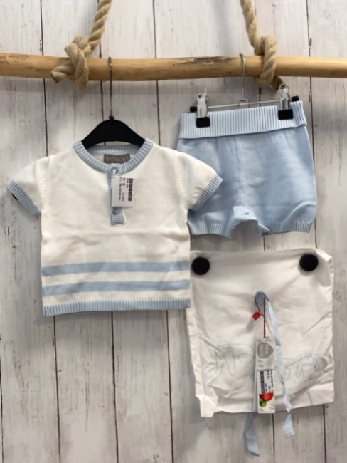 3tlg Boboli neu T-Shirt + Shorts + Beutel Gr. 62  weiß blaue Streifen Strick + hellblau