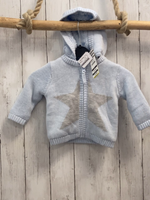 Boboli neu Strickjacke Gr. 74  hellblau grauer Stern gefüttert Kapuze NP 45,90€
