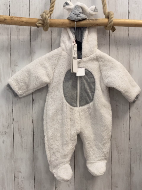 neu Boboli Plüschoverall Gr. 62  weiß grau Kapuze mit Gesicht und Ohren