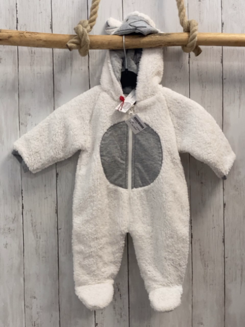 neu Boboli Plüschoverall Gr. 62  weiß grau Kapuze mit Gesicht und Ohren