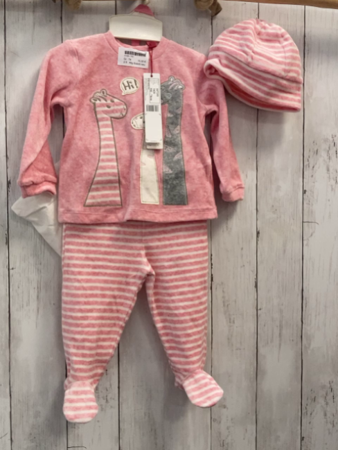 4tlg Boboli neu Pullover + Hose + Mütze + Beutel Gr. 74  himbeere Giraffen + himbeere weiß gestreift 