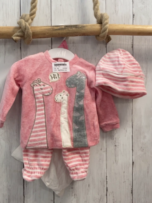 4tlg Boboli neu Pullover + Hose + Mütze + Beutel Gr. 56  himbeere Giraffen + himbeere weiß gestreift 