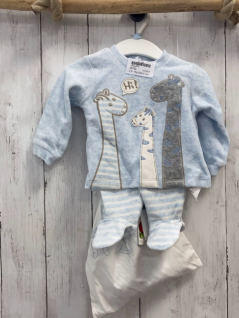 4tlg Boboli neu Pullover + Hose + Mütze + Beutel Gr. 56  hellblau Giraffen + hellblau weiße Streifen