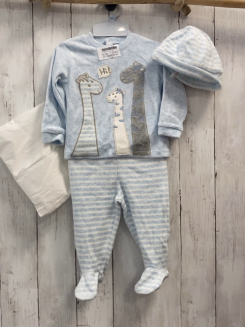 4tlg Boboli neu Pullover + Hose + Mütze + Beutel Gr. 68  hellblau Giraffen + hellblau weiße Streifen