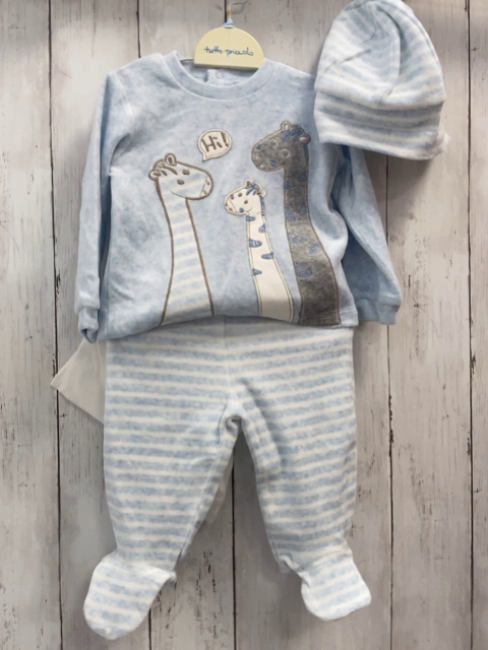 4tlg Boboli neu Pullover + Hose + Mütze + Beutel Gr. 68  hellblau Giraffen + hellblau weiße Streifen