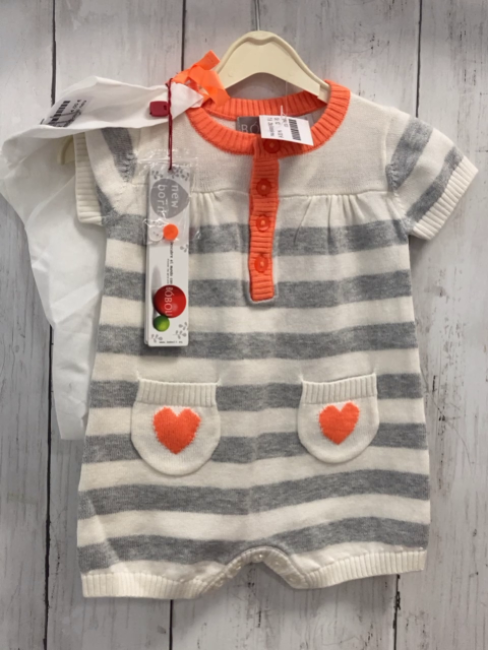 2tlg Boboli neu Playsuit + Beutel Gr. 62  grau weiß gestreift orange Bund & Herzen Strick