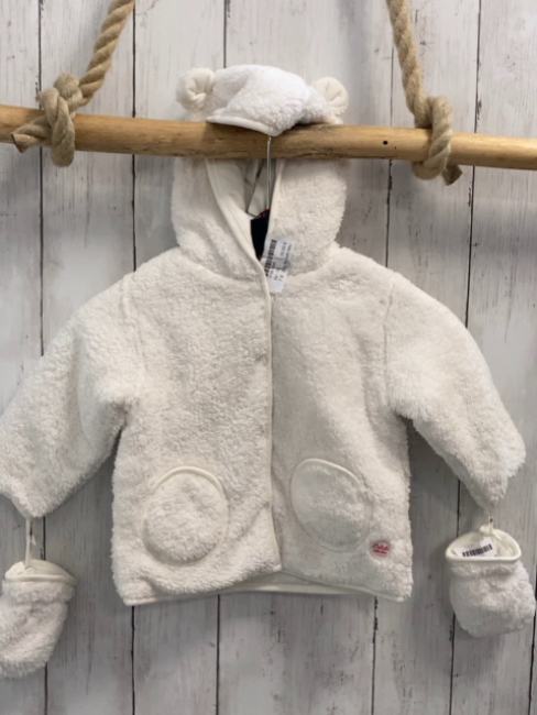2tlg Boboli neu Plüschjacke + Handschuhe Gr. 74  weiß Kapuze mit Ohren