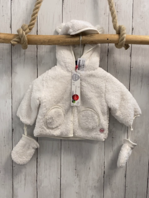 2tlg Boboli neu Plüschjacke + Handschuhe Gr. 56  weiß Kapuze mit Ohren