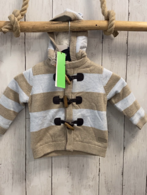 Boboli neu Strickjacke Gr. 62  hellblau beige Streifen Strick Kapuze Knebelknöpfe