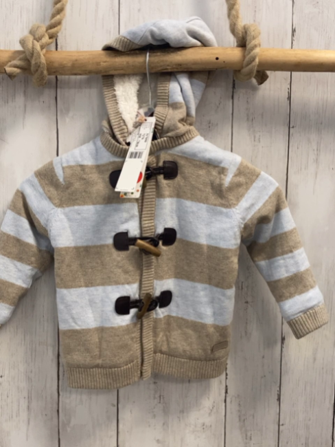 Boboli neu Strickjacke Gr. 74  hellblau beige Streifen Strick Kapuze Knebelknöpfe