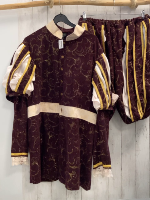 2tlg  Karnevalkostüm Gr. XL  weinrot Samt goldener Glitzerblumen + beige goldene Strickerei