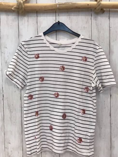 Only  T-Shirt  Gr. 158  weiß schwarze Streifen rosa goldene Pailettenblumen 