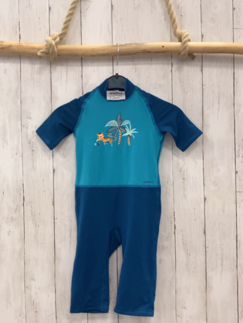 Decathlon  UV-Schutzoverall  Gr. 110  türkis blau Palmen Leopard