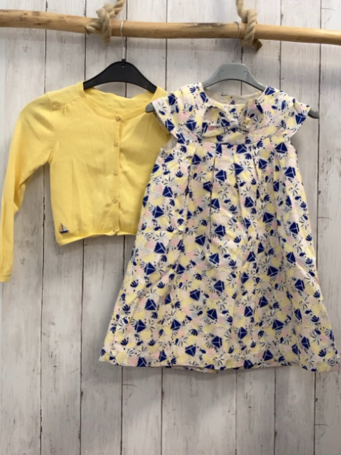 2tlg Sergent Major  Kleid + Strickjacke  Gr. 122  weiß blaue Segelboote rosa gelbe Fische + Zitron blaue Punkte + gelb 