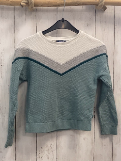 Okaidi  Pullover  Gr. 128  weiß grau grün mint V-Streifen Strick Struktur 