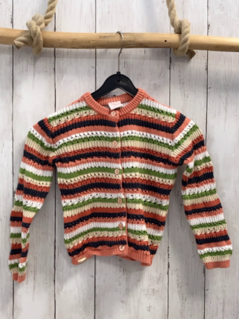 Boboli  Strickjacke  Gr. 104  rosa beige grün weiß graue Streifen Lochmuster 