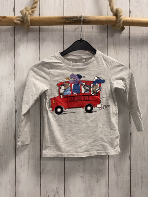   Langarmshirt  Gr. 104  hellgrau Schulbus mit Tieren