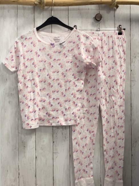 2tlg  Schlafanzug  Gr. 146/152   T-Shirt + Leggings weiß mit Lochmuster + Einhörnern 