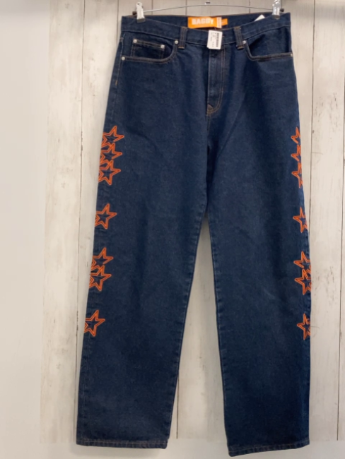 Baggy  Hose  Gr. 33  blau Jeans orange Sterne + Schrift 