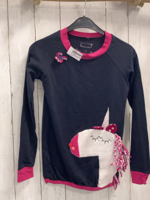   Langarmshirt  Gr. 146/152  blau weißes Plüscheinhorn pink Bund 