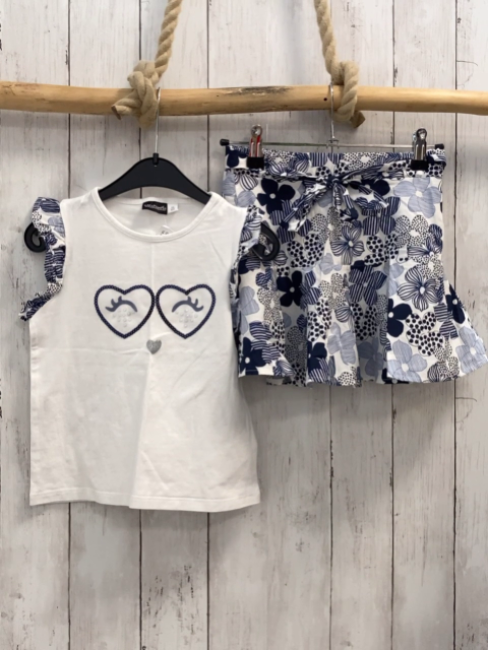 2 tlg Sarabanda  T-Shirt + Rock  Gr. 122  weiß + blau hellblaue Blumen Pailettenherzen 
