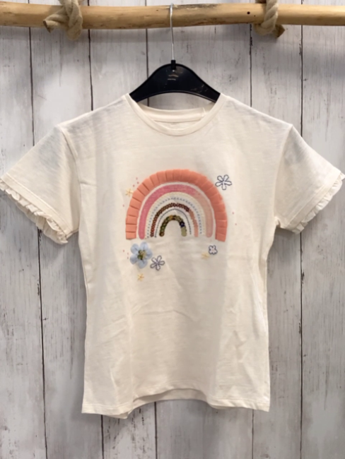   T-Shirt Gr. 134  creme bunter Bogen mit Pailetten Blumen 