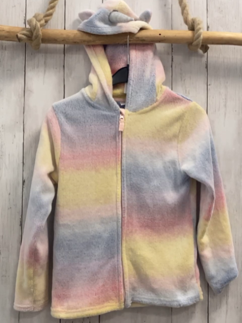   Plüschjacke Gr. 128  gelb pink hellblau mint meliert Kapuze mit Horn 