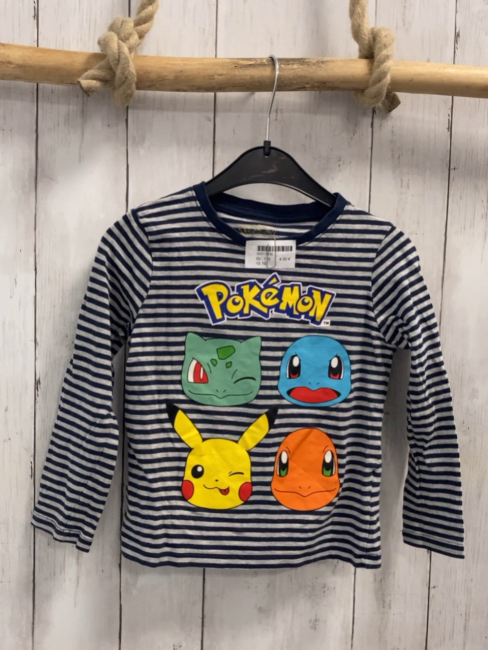  Langarmshirt Gr. 110  grau blau gestreift blauer Bund Pokemon