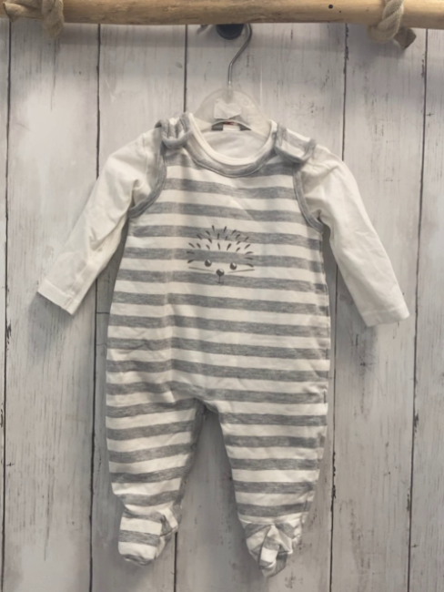 2tlg Kanz  Strampler + Langarmshirt  Gr. 56  grau weiße Streifen Igel + weiß 