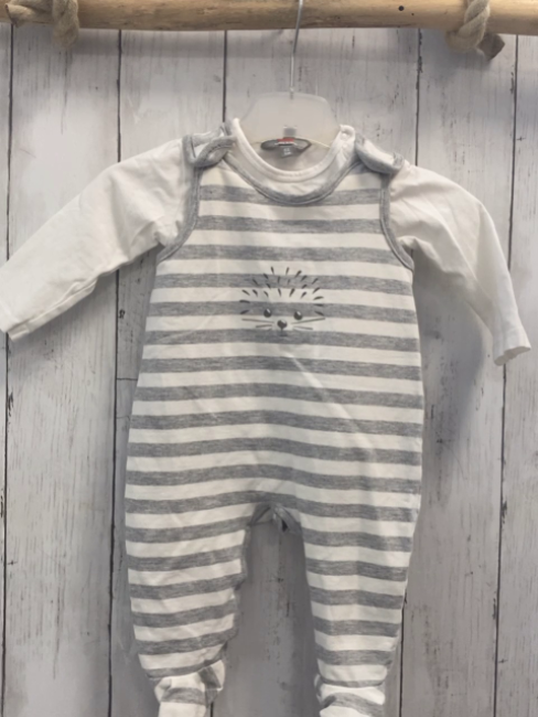 2tlg Kanz  Strampler + Langarmshirt  Gr. 62  grau weiße Streifen Igel + weiß 