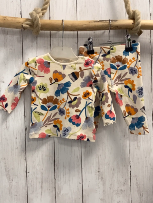 2tlg Next  Langarmshirt + Leggings  Gr. 68  beige Rippen bunte Blumen 