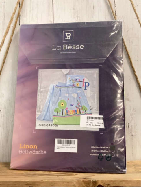 La Bèsse Bettwäsche  100 x 135 / 40 x 60 Linon hellblau weiß kariert + grün mit weißen Punkten Gartenzaun Bäume 