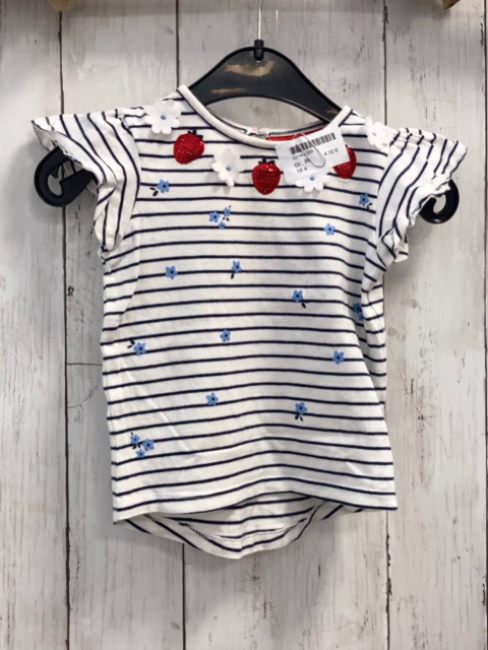   T-Shirt  Gr. 86  weiß blaue Streifen Blumen rote Pailettenerdbeeren 