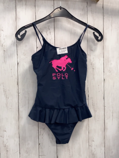 Polo Sylt  Badeanzug  Gr. 146/152  blau pink Reiter Rüschen 