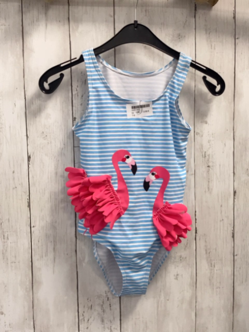  Badeanzug  Gr. 128  hellblau weiße Streifen pink Flamingos 