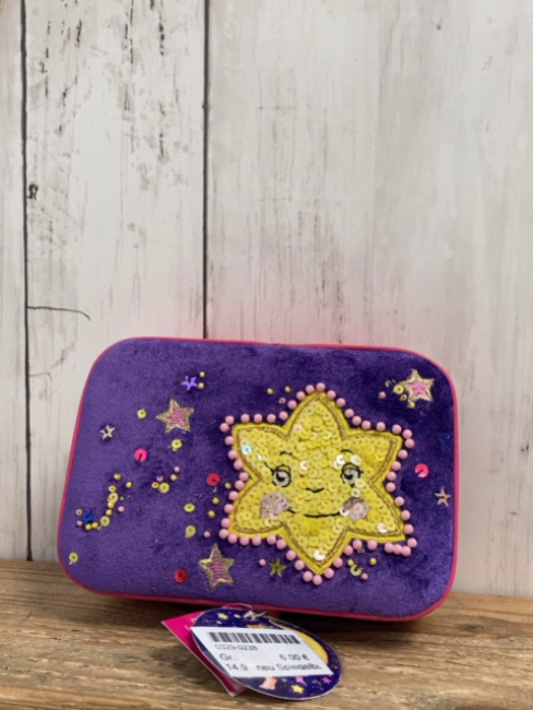 neu Spiegelburg Aufbewahrungsbox lila Samt Pailettenstern pink goldene Punkte