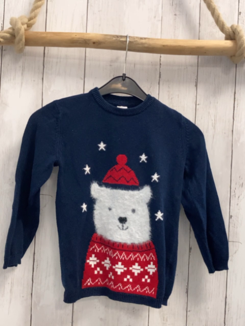 H&M  Pullover  Gr. 110  blau Strick weißer Plüschbär mit roter Mütze + rotem Pullover 