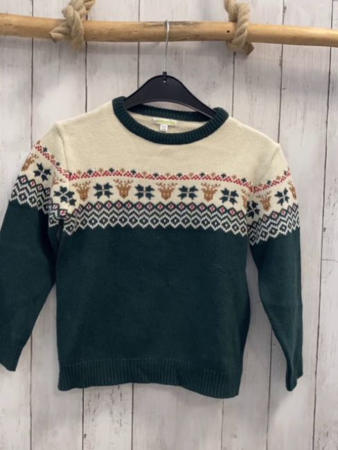 Vertbaudet  Pullover  Gr. 134  weiß grün Strick + Muster mit Zackenstreifen + Hirschen 