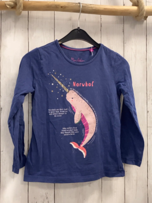 Mini Boden  Langarmshirt  Gr. 122/128  blau Wal mit Horn Schrift 