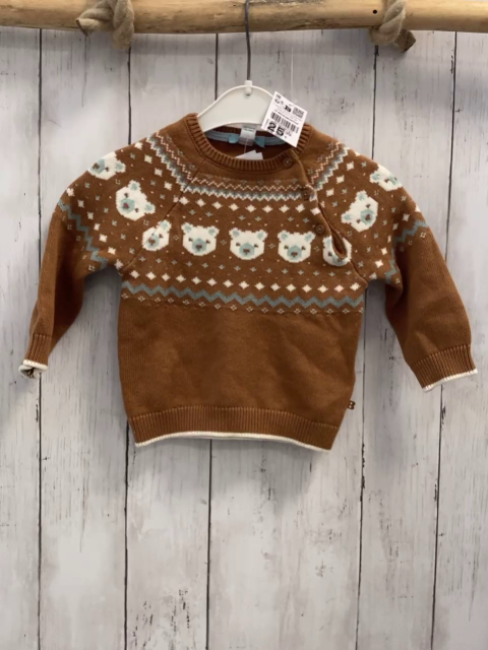 neu Obaibi  Pullover  Gr. 74   ocker Strick + weiß mint Muster mit Bärenköpfen NP 25,99 € 