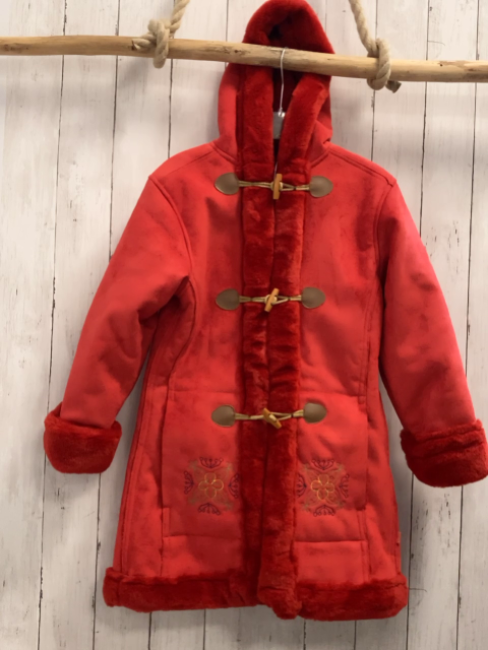 Oilily  Mantel  Gr. 152  rot Waschleder gestickte Blumen Fellbund + -futer 