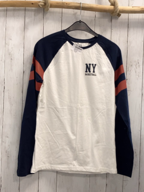   Langarmshirt  Gr. 170  weiß blaue Ärmel mit rost Streifen