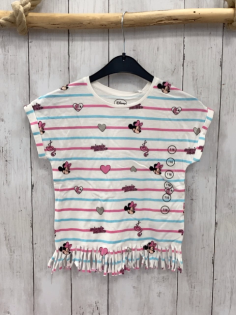 neu  T-Shirt  Gr. 116  weiß pink hellblaue Streifen Minnie Mouse Fransensaum 