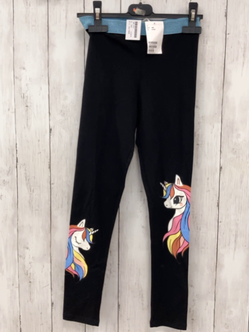 neu H&M  Leggings  Gr. 140  schwarz buntes Einhorn hellblauer Glitzerbund 
